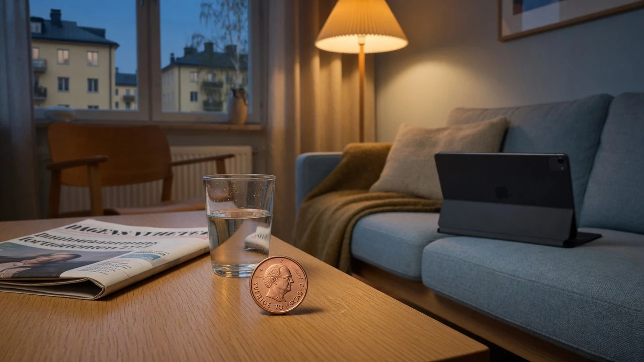 En svensk tiokronorssedel på soffbordet bredvid en vik tidning