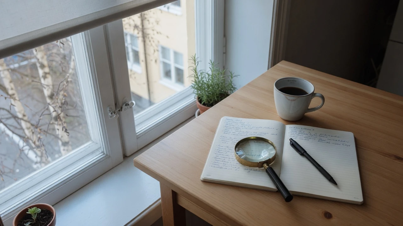 Skrivbord med anteckningsbok och förstoringsglas i dagsljus