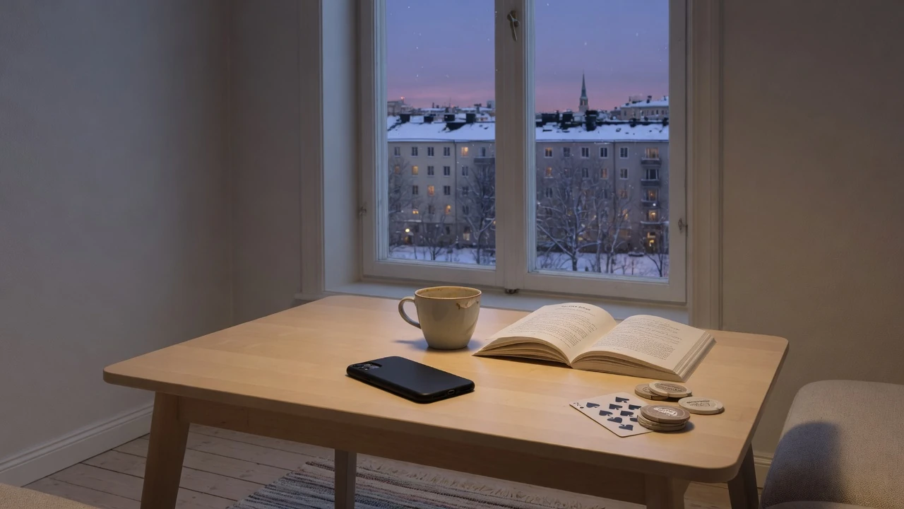 Mysigt skandinaviskt vardagsrum med spelmarker, kort och telefon på soffbordet vid skymning