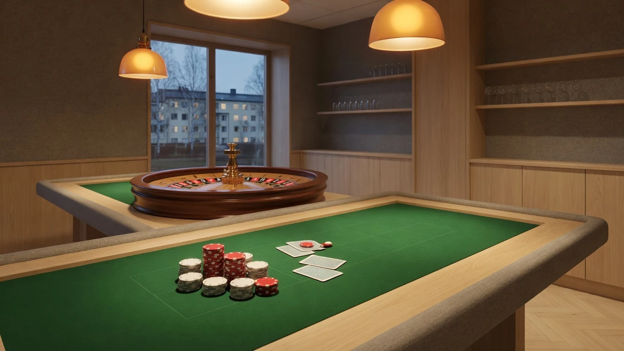 Stilrent nordiskt casinorum med roulette, marker och kort i varmt ljus
