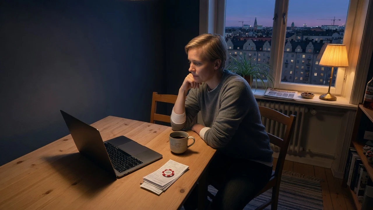 Lugn svensk heminteriär med sluten laptop och ett pokermarker, varm lampa mot blå skymning
