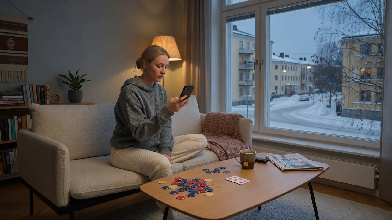 Person med mobil och casinofigurer i svensk vardagsmiljö