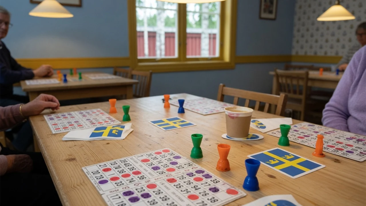 Bingobrickor och färgade marker på ett träbord i en svensk bingohall