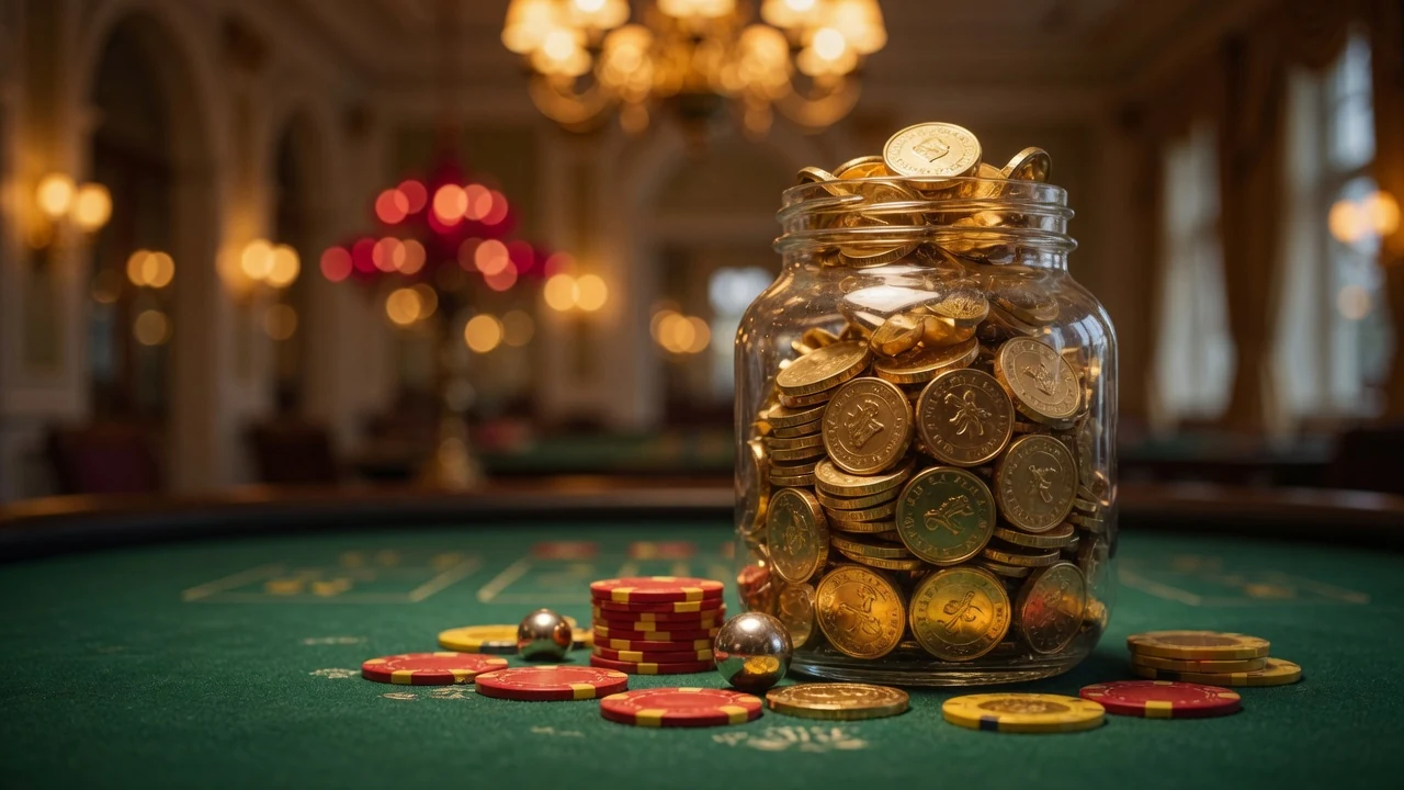 Guldmynt som rinner över i en glasburk på ett svenskt casinobord