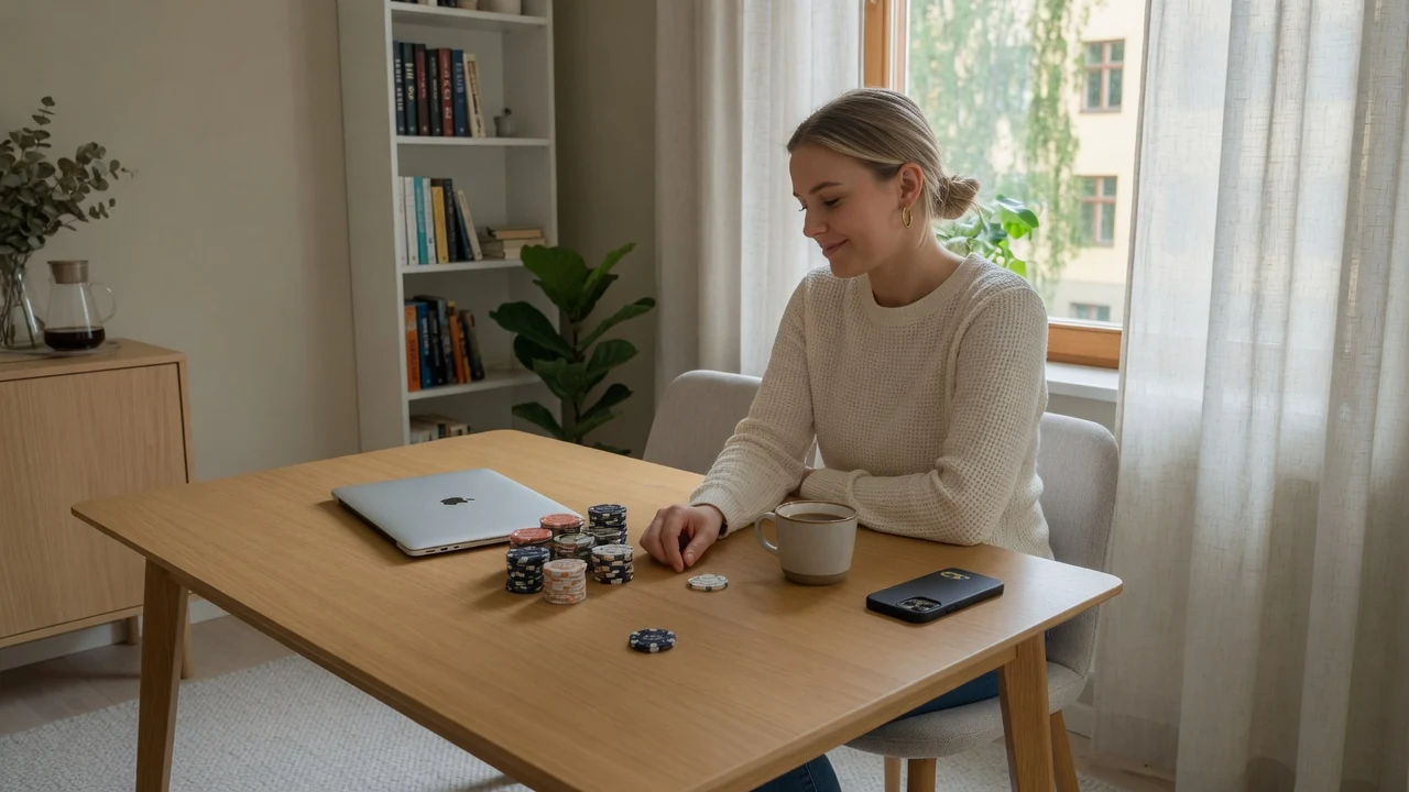 Casinochips och en stängd laptop på ett minimalistiskt bord i en svensk lägenhet