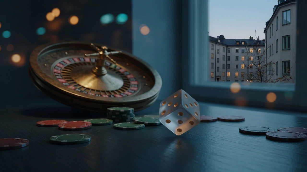 Tärning i rullning med roulettehjul och casinomarker i bakgrunden