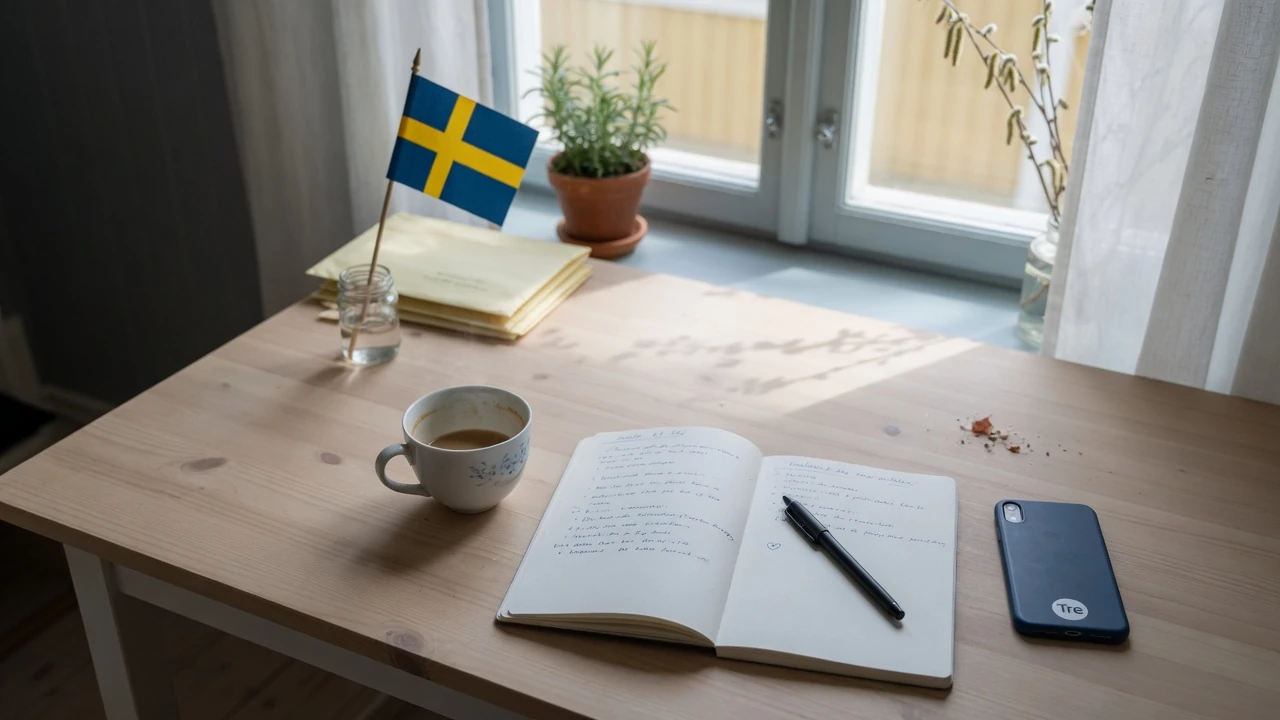 Skrivbord med kaffekopp, anteckningsbok och telefon i svenskt hemmakontor