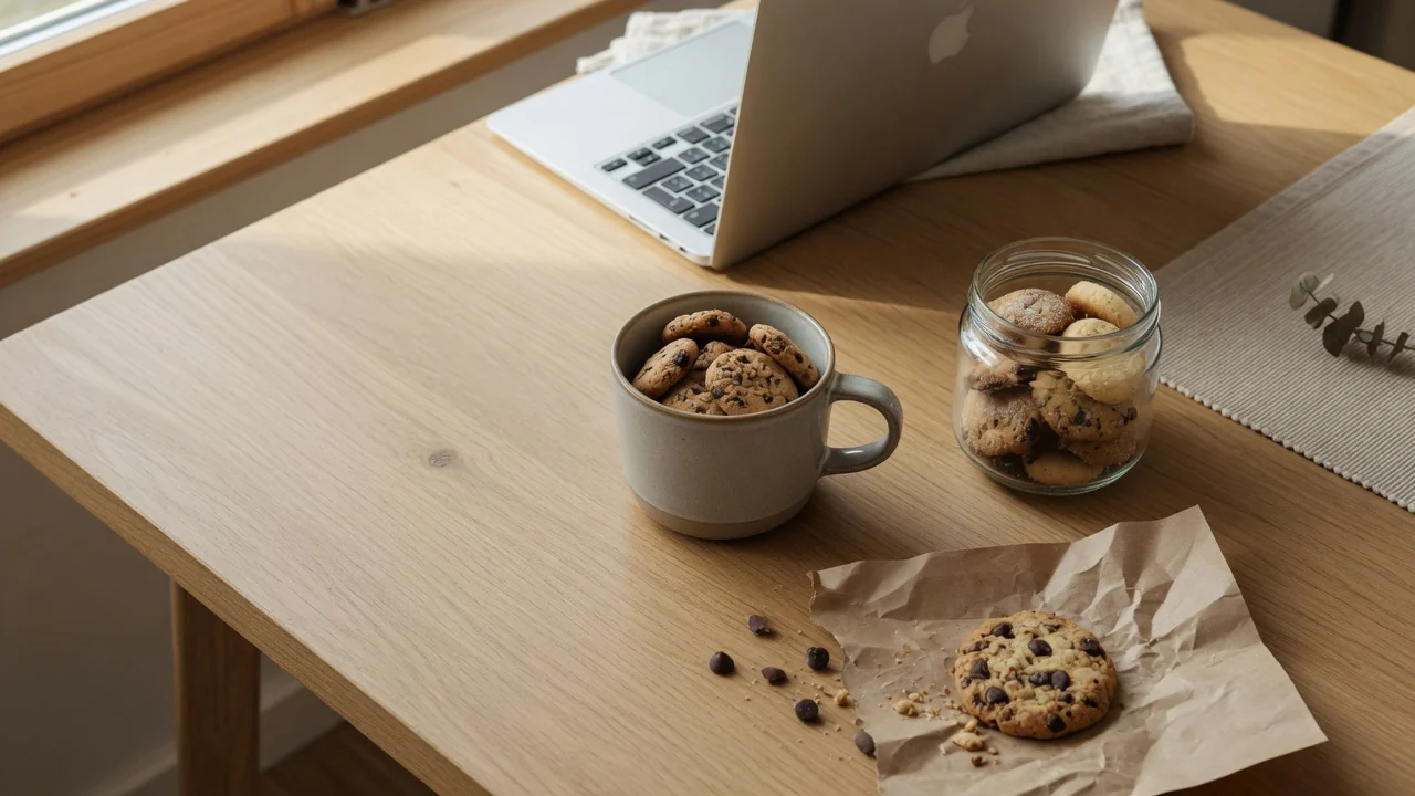 Kakburk och kaffekopp på ett skandinaviskt träbord bredvid en bärbar dator