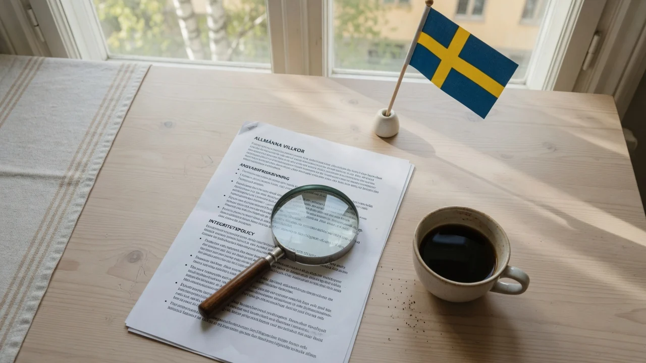 Förstoringsglas på ett juridiskt dokument med en kopp kaffe