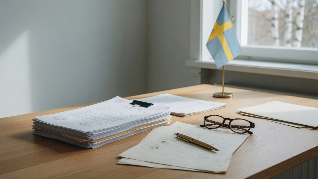 Minimalistiskt skrivbord med juridiska dokument, reservpenna och svensk flagga