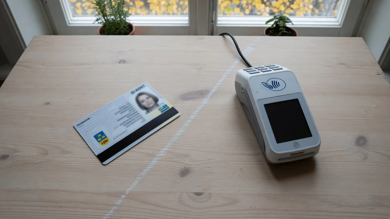 ID-kort och betalterminal åtskilda av en linje på bordet