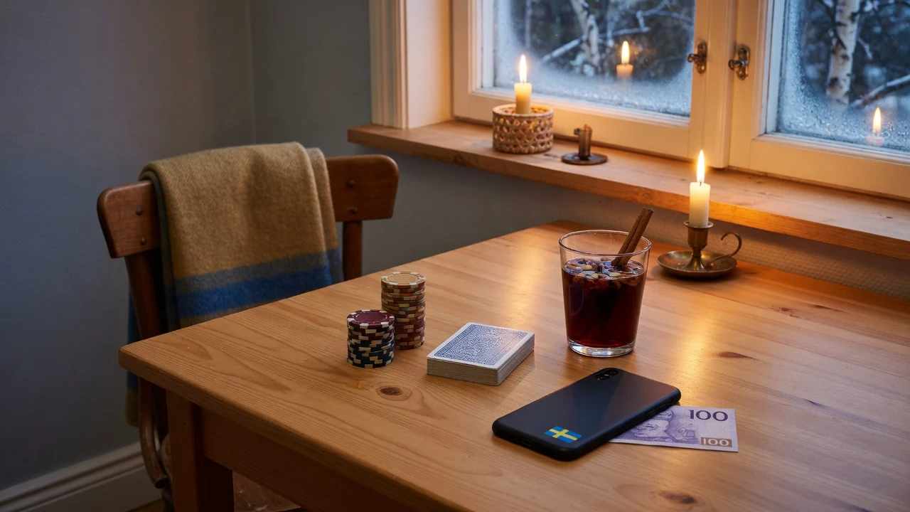 Klassiska casinomarker och en stängd kortlek på ett svenskt vinterbord